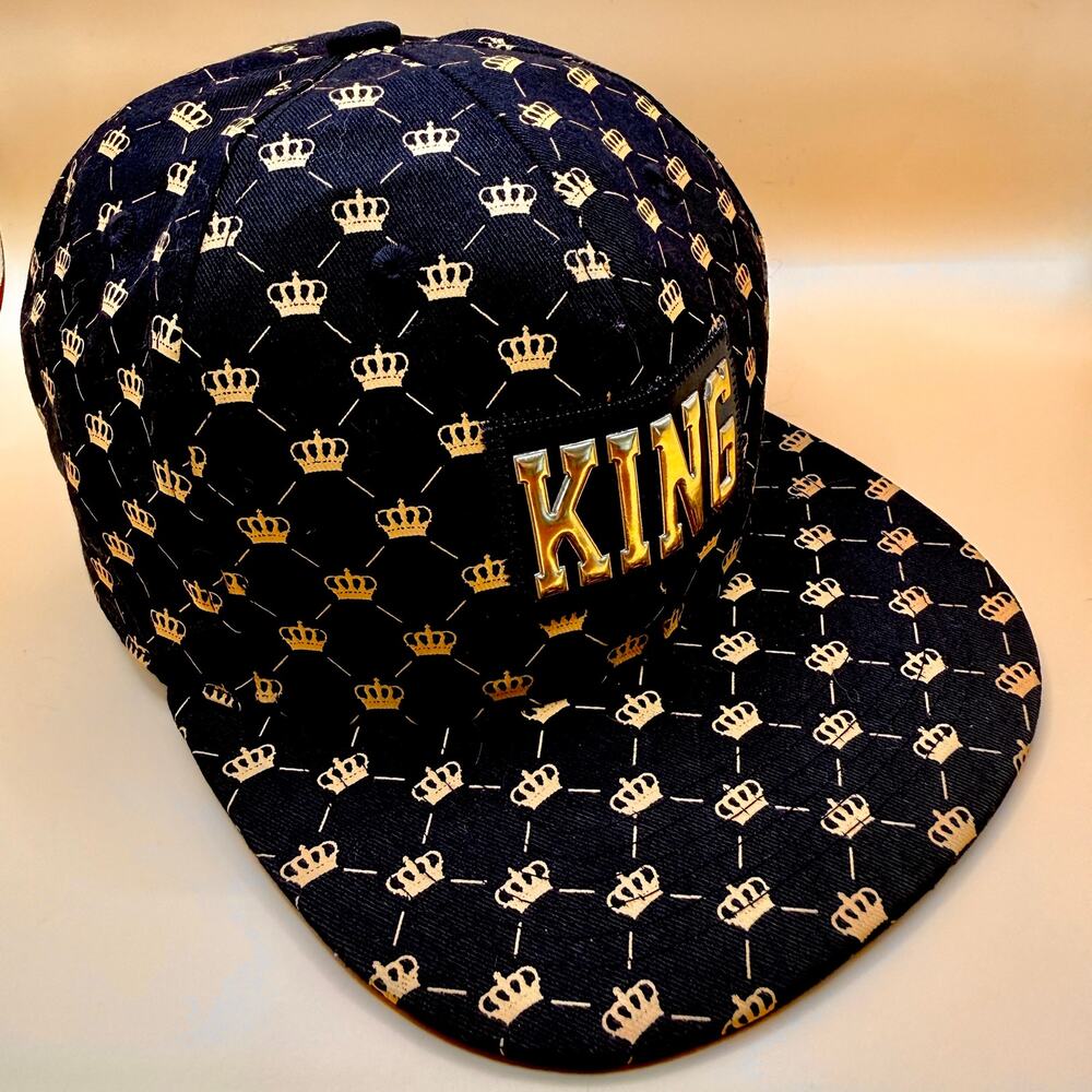 Zion KING Snapback Hat Black Gold Crown Print Flat Brim 100% Cotton NWOT